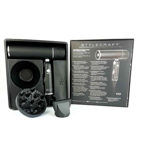 StyleCraft Ace Foldable Lightweight Hair Dryer with Powerful Motor with Diffuser and Concentrator Nozzle