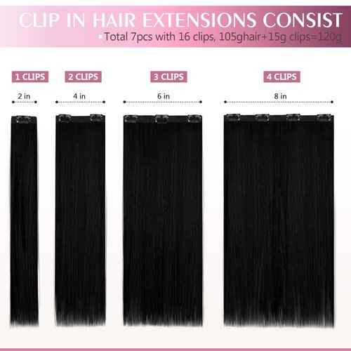 Fimislosion Real Hair Extensions Clip in Human Hair, Seamless Clip in Hair Extensions Real Human Hair, 20 Inch Clip ins extensions for women, Natural Black 120G 7Pcs