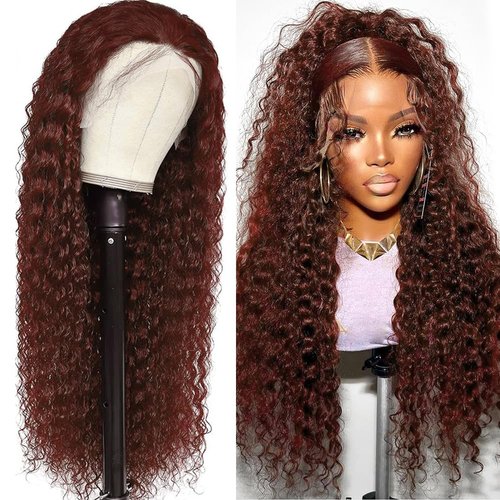Kucmir 22 Inch Burgundy Lace Front Wigs Human Hair Pre Plucked Reddish Brown Loose Deep Wave Lace Front Wigs Human Hair Reddish Brown 13x6 with Baby Hairline