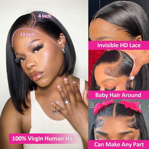 DonsiRol 12 inch Bob Wig Human Hair, Glueless Wigs Human Hair Pre Plucked, 13x4 bob lace front wigs for Woman, 180% Density Bob Wigs with Baby Hair (Black)