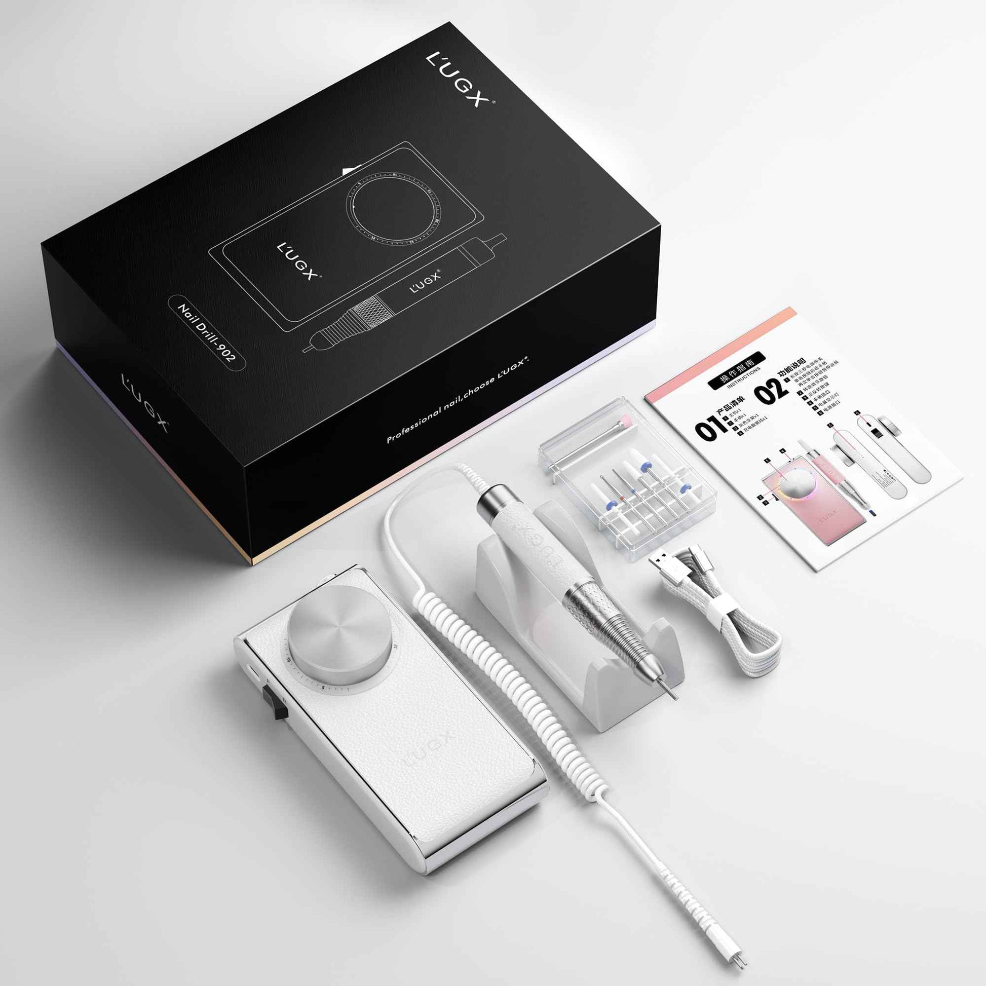 L'UGX Professional Nail Drill 30000RPM, Cordless Rechargeable Electric Nail File for Acrylic Nails Gel Polishing, Efile Nail Kit for Manicure Pedicure, Low Noise Low Vibration, 7Pcs Drill Bits, White