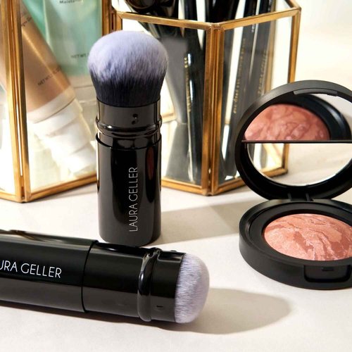 LAURA GELLER NEW YORK Baked Balance-n-Brighten Powder Foundation - Porcelain + Spackle Super-Size Skin Perfecting Makeup Primer - Ethereal Rose Glow + Retractable Airbrush Kabuki Brush