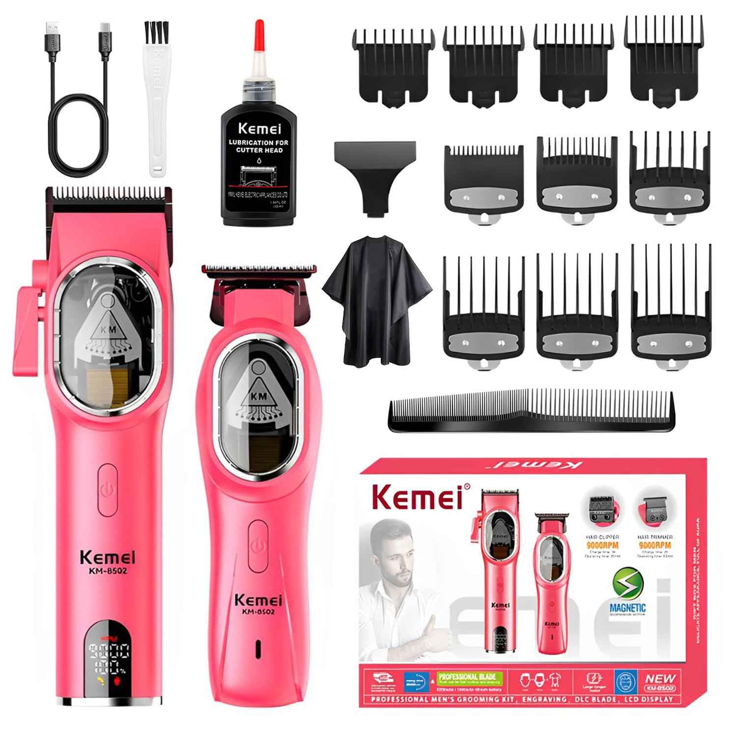 KEMEI Hair Clipper and Trimmer Set Professional Cordless Hair Clipper for Men, Electric Barber Clipper Hair Cuttings Kit, 9000 RPM Motor, DLC T-Blade Trimmers for Men with LCD Display, KM-8502, Pink