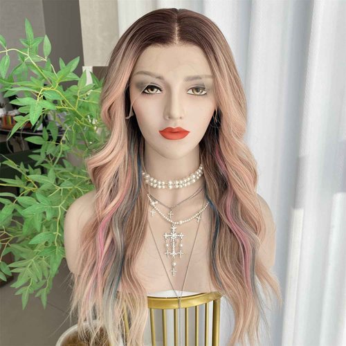 VASTCURY Rainbow Wigs Highlight Pink Blue Ombre Color 13x4 Synthetic Fiber Lace Front Wig Loose Wave 20Inch Pre Plucked Hairline for Women