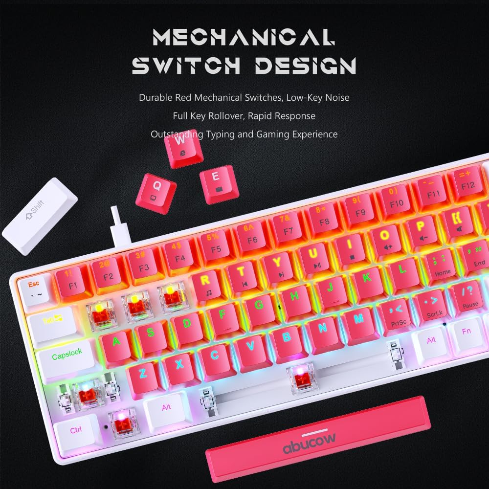 abucow 60% Mechanical Keyboard with Rainbow Backlight 68-Key Gaming Keyboard White-Green Keycaps - Red Switches for a Premium Typing and Gaming Experience PC Mac (White-Green)