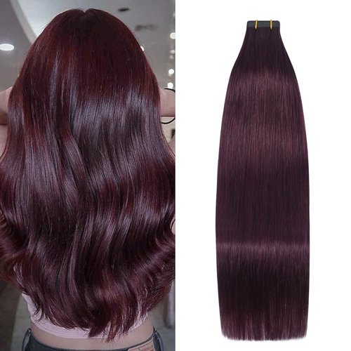 Aison Wine Red Tape in Hair Extensions Human Hair 100% Remy Extensions Silky Straight for Women 20 Pcs/Package(22Inch #99j 60g)