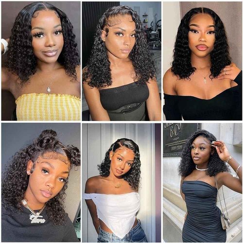 Caijuxing 13x6 Bob Wig Water Wave Bob Wigs Human Hair 13x6 Lace Frontal Wigs 200% Density Curly Bob Wig Human Hair Pre Plucked Deep Wave Wig for Black Women Natural Black (16 Inch)