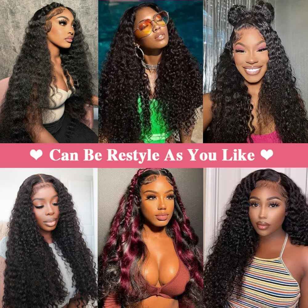 KRKRYQ 28 Inch 13x6 HD Transparent Lace Frontal Wigs Human Hair 200% Density Deep Wave Lace Front Wigs Human Hair Curly Human Hair Wigs for Women Pre Plucked with Baby Hair Natural Color