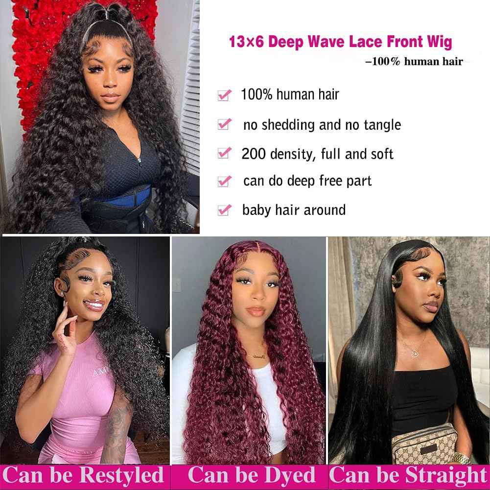 30 Inch Deep Wave Lace Front Wig Human Hair 13x6 HD Pre Plucked 200% Density Deep Curly Lace Frontal Wig for Women