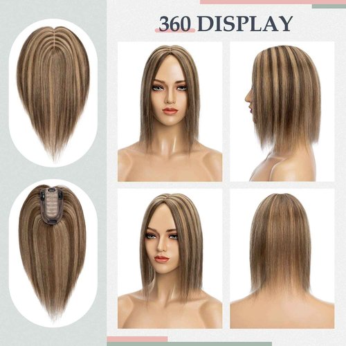 SLEEKALON Human Hair Topper - 150% Density Silk Base Brown Ombre Blonde - No Bangs - Wig Clips (12 Inch, 4P27#)