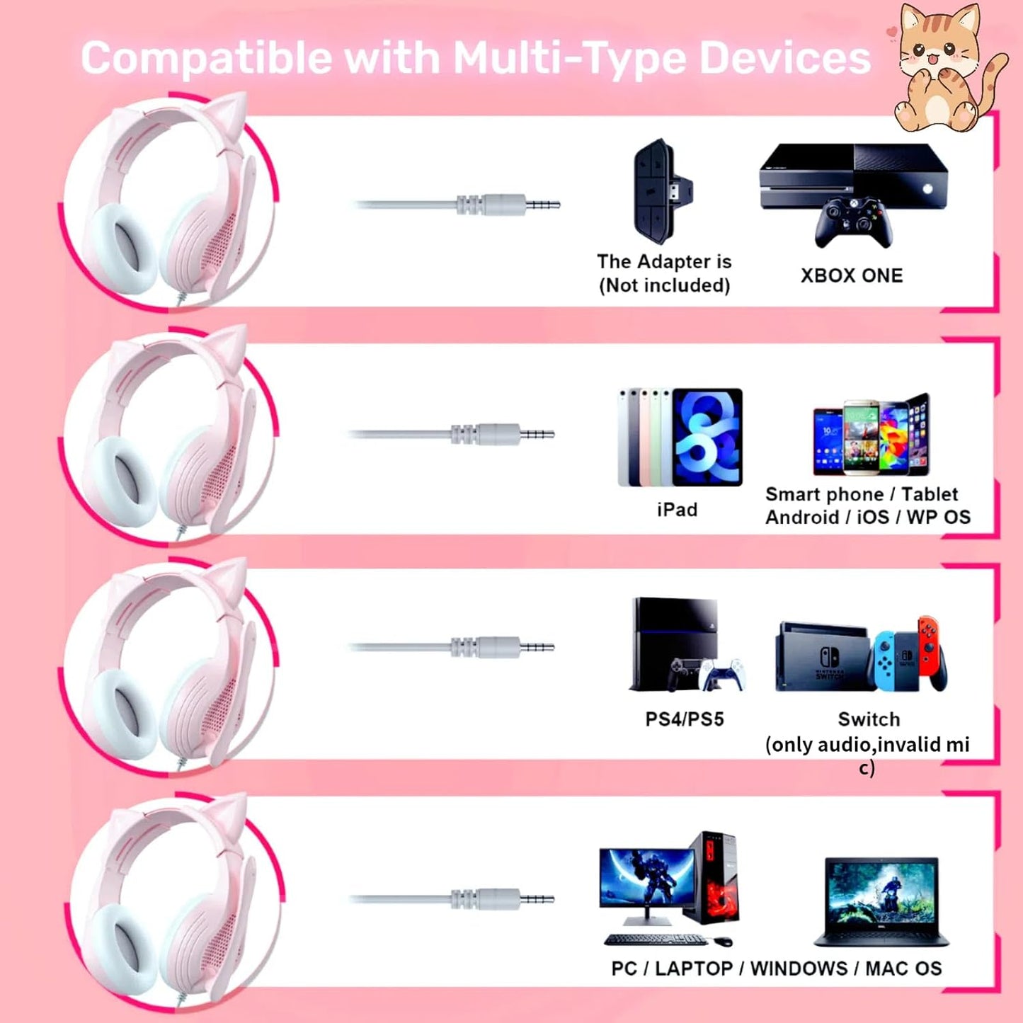 Anivia Pink Gaming Headset with Microphone for PC Computer iOS Mac PS4 PS5 Xbox One Phone, 3D Surround Sound, Soft Memory Foam Ear Cushion, Wired Over-Ear Headphones with Mic for Gamer-1