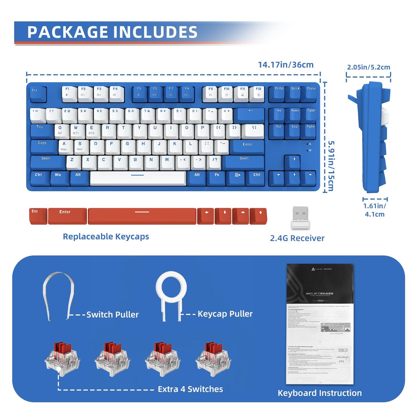 A.JAZZ Wireless Mechanical Keyboard, 87 Keys TKL Hot Swappable Bluetooth Gaming Keyboard, Dual Mode BT5.0/2.4G with Detachable Frame, USB Hub OEM Keycaps Custom Keyboard for PC MAC PS4(Red Switch)