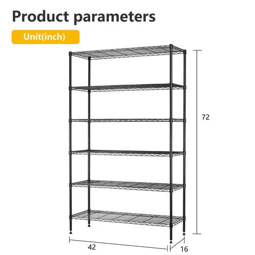 BestOffice | 6-Tier Wire Storage Shelves | 42x16x72 | Black | with Adjustable Racks | Heavy-Duty Metal Shelf, Holds Upto 1500 lbs | No-Tool Assembly | Ideal for Home & Garage Shelving