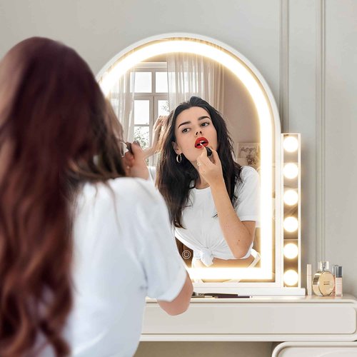 Hansong Hollywood Vanity Mirror with Lights 22.4"x23.4" Arched Lighted Makeup Mirror with Lights 12 Dimmable Bulbs Three Color Lighting Modes Detachable 10X Magnification Smart Touch Control