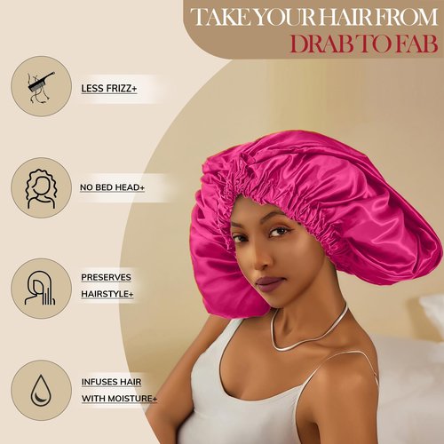PROMEED 100% Mulberry Silk Bonnet for Long Hair, Hyaluronic Acid Infused Silk Sleep Cap for Long Braids and Locs, Hydrating Hair Care Accessory for Healthy Hair Maintenance (FUCHSIA)