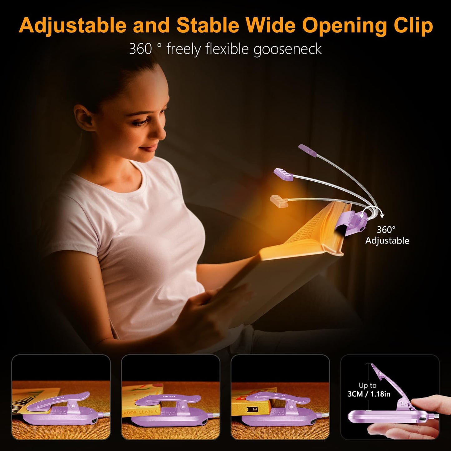 Gritin Rechargeable Book Light for Reading in Bed with 19 LED &Memory Function-Eye Caring 3 Color Temperatures,5 Brightness Levels,80 Hrs Runtime Flexible Goose Neck Clip on Light-Purple