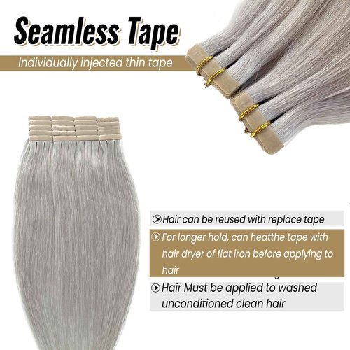 Silver Grey Tape in Hair Extensions Real Human Hair 24 Inch Invisible Seamless PU Tape in Hair Extensions Double Sided Silky Straight Human Hair 50/20pcs