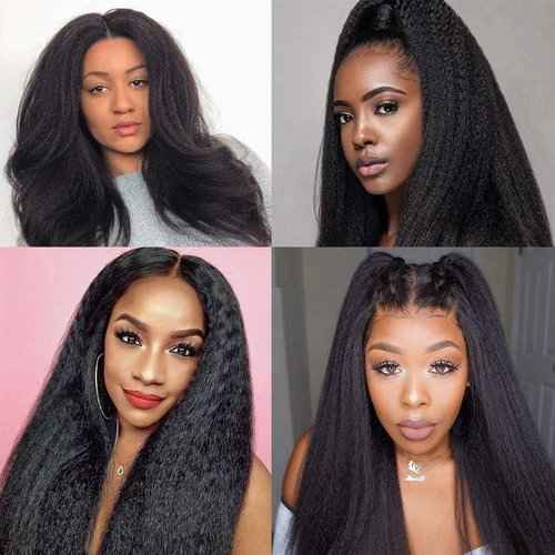 BLISSHAIR Yaki Kinky Straight Wigs Human Hair 13x4 Lace Frontal Wig Bob Wigs Human Hair Pre Plucked Density 100% Unprocessed Brazilian Hair Glueless Wigs for Women Natural Color (16Inch)