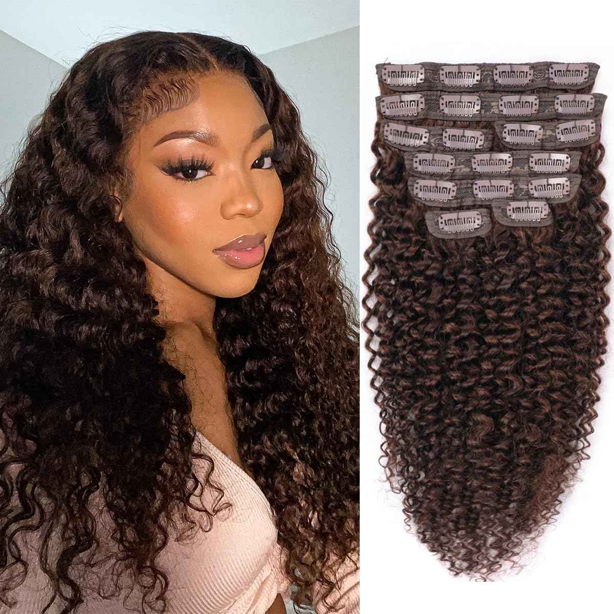 18 Inch Chocolate Brown Kinky Curly Clip Ins 110g 8pcs 3C 4A Curly Clip In Hair Extensions Real Human Hair Full Head for Women 100% Brazilian Remy Human Hair Extensions Natural Color with 20 Clips #4