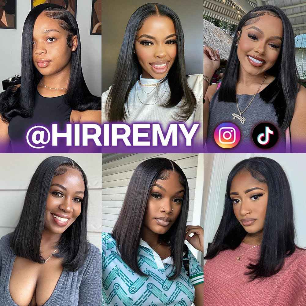 HIRIREMY Bob Wig Human Hair 13x4 HD Lace Frontal Short Straight Lace Front Bob Wigs for Black Women Human Hair Pre Plucked Glueless Side Part 180% Density Black Color 16 Inch