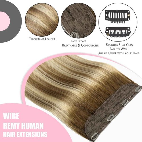 SURNEL Haol Hair Extensions Real Human Hair Balayage Walnut Brown to Ash Brown and Golden Blonde Remy Invisible Wire Hair Extensions14 inch 65g(14,3/8/22)