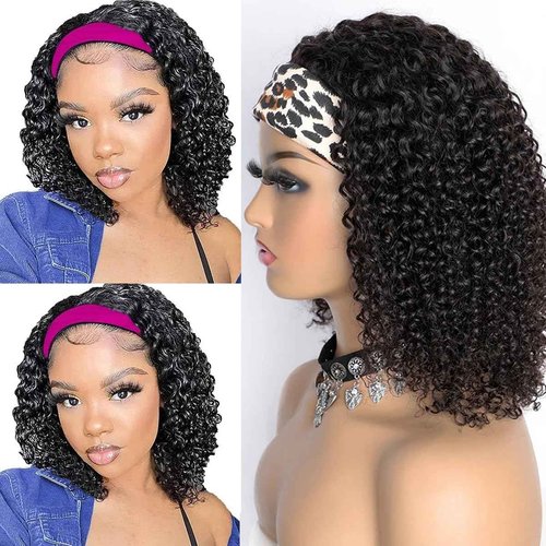 Feelgrace Short Headband Wigs Human Hair Water Wave Wig for Women, Glueless Curly Weave Wigs 100% Unprocessed Hair None Lace Front Wigs 150% Density Brazilian Hair Natural Black Headband Wig 14 Inch