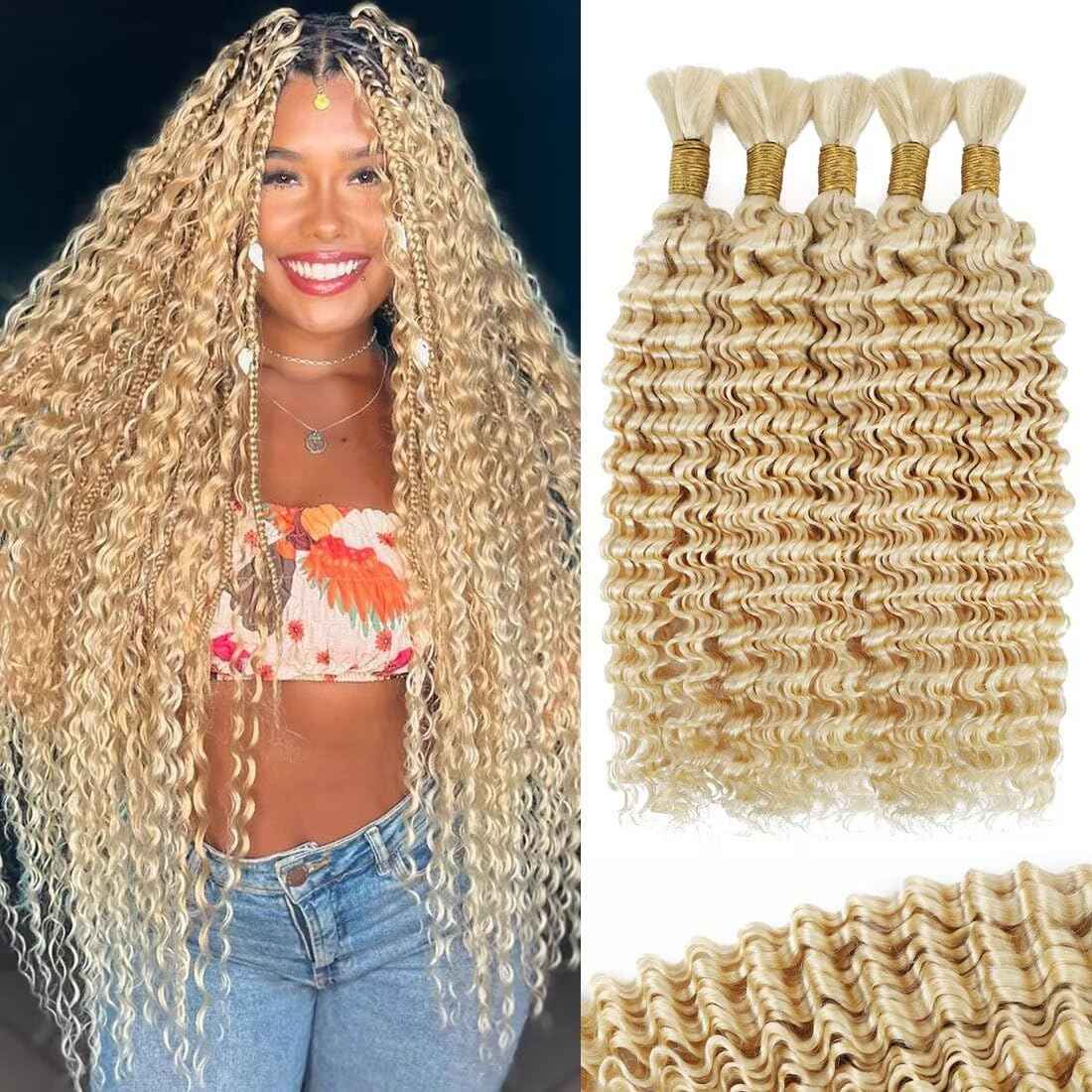 160g 5 Bundles 613 Blonde Human Braiding Hair Deep Water Wave Bulk 18 Inch Curly Human Hair for Boho Braids Hair Extensions No Weft 5 Braids Per Pack