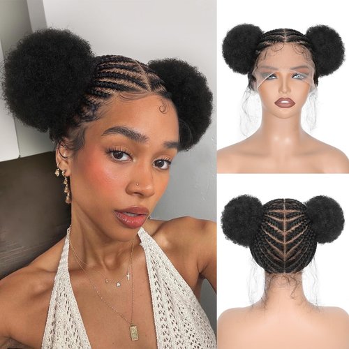 FAVE Cornrow Wig with Afro Puff Real HD Full Lace Cornrow Braided Wigs for Black Women Afro Wig with Baby Hair Braided Wig for Daily Use