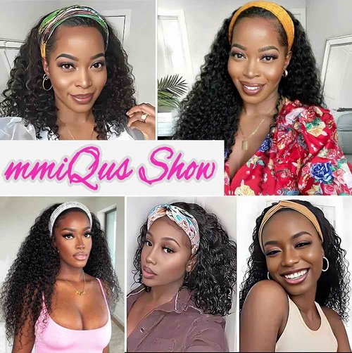 mmiQus Long Headband Wig Human Hair Water Wave Headband Wigs for Women Curly Wigs Glueless No Lace Front Wig Brazilian Virgin Human Hair 180% Density Natural Black 24 Inch