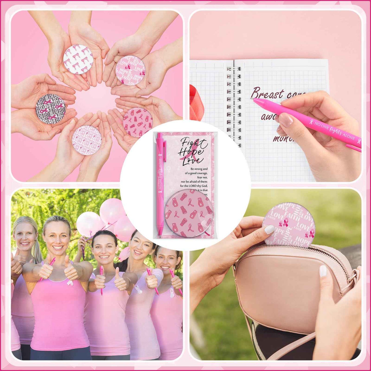 Pinkunn 100 Sets Breast Cancer Awareness Accessories Bulk Breast Cancer Gift for Women Compact Mirrors with Pink Ribbon Boxing Glove Design, Ballpoint Pens, Motivational Cards Charity Party Favors