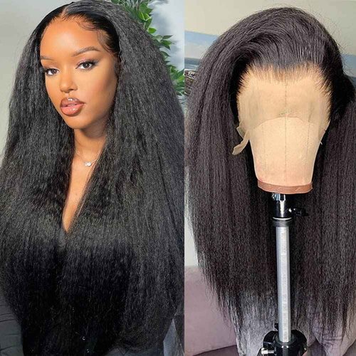 GOLFMAX Kinky Straight Lace Front Wigs Human Hair Pre Plucked With Baby Hairs 180% Density Yaki Straight 13x4 Transparent HD Glueless Lace Wig Human Hair Wigs For Black Women 24 Inch