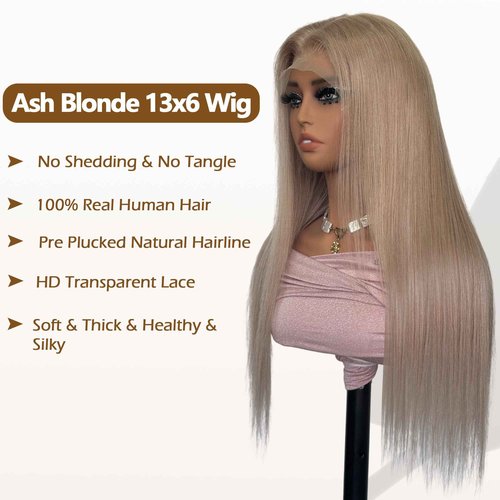 Ash Blonde Straight Lace Front Wigs for Black Women Pre Plucked Ash Blonde Wig Human Hair 13x6 Transparent Lace Front Wigs Human Hair Colored HD Lace Frontal Wig 24 Inch