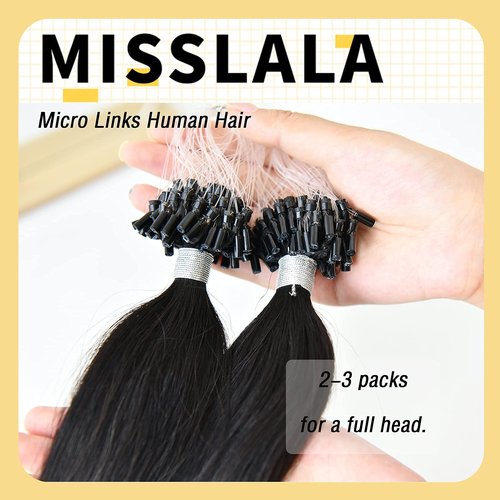 Misslala Microbead Hair Extensions 22 Inch Micro Links Human Hair Extensions Salon Quality Color #1B Off Black Micro Ring Hair Extensions Straight Natural Hair 50s 50g