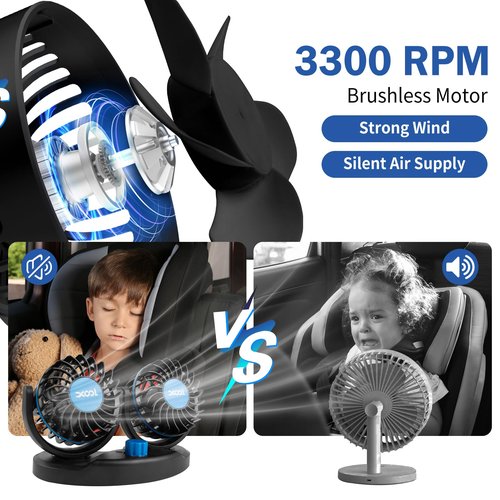 XOOL 12V Fan Car Fan, Adjustable Dual Head 3.5 Inches for Front Seat Passenger, 360° Rotatable Electric Car Cooling Fans with 2 Speed Regulation for SUV, RV, Vehicles