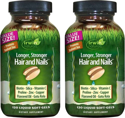 Irwin Naturals Longer, Stronger Hair and Nails - 120 Liquid Softgels, 2 Pack - Promotes Vibrant Shine Texture & Strength - 120 Total Servings