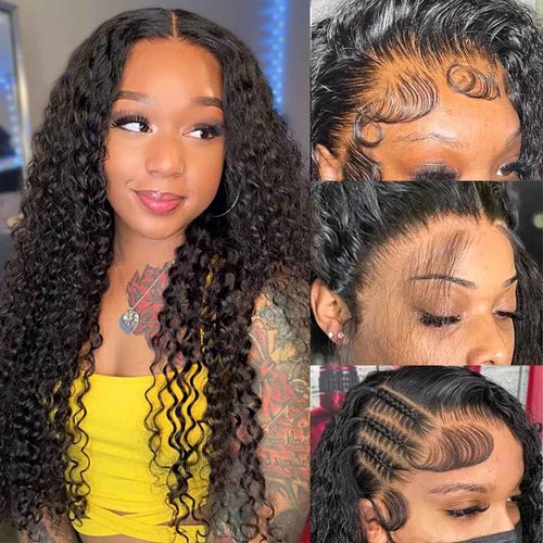 QNCKS 13x6 Deep Wave Lace Front Wigs Human Hair HD Lace Frontal Wigs Human Hair Pre Plucked 200% Density Deep Curly Wig for Women Natural Black 20 Inch