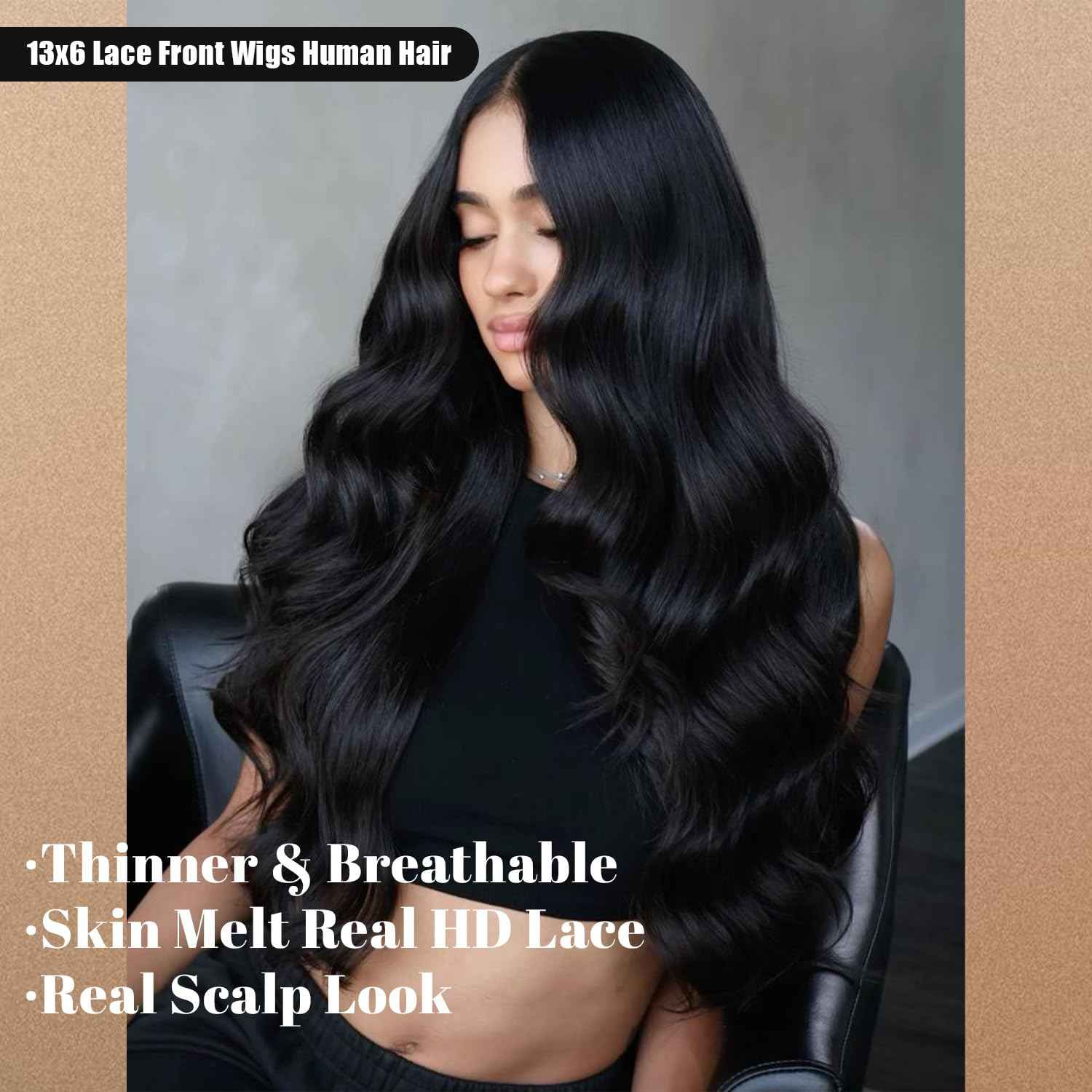 Ghios 13x6 Lace Front Wigs Human Hair Body Wave 30 Inch HD Lace Frontal Wigs Human Hair Body Wave Human Hair Wig for Women 210% Density Pre Plucked with Baby Hair Natural Black