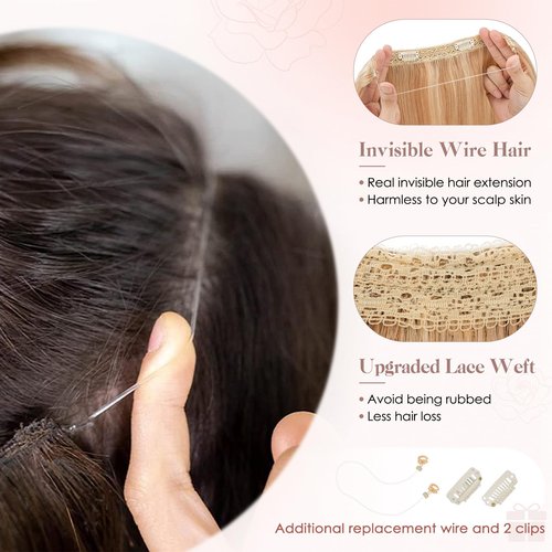 S-noilite Halo Hair Extension Invisible Wire in Real Remy Human Hair Extensions with Clips Adjustable Hidden Wire in Hair Extension for Women 16 inch Camel Bown Highlighted Blonde