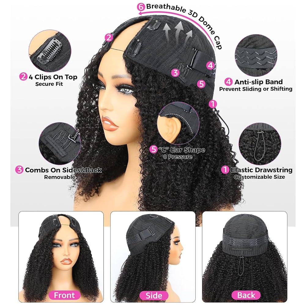 18 Inch V Part Wig Human Hair Curly,V Part KinkyCurly Wig for Women,Glueless Elastic Drawstring No Leave Out No Sew in Upgrade U Part Full Head Clip in Natural Black 12A Human Hair 200% Density