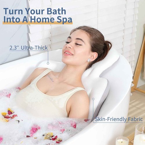 Luxury Bath Cushion, Full Body Bathtub Pillow with 160 Suction Cups, Bath Mat for Head and Neck Support, with Laundry Bag (White, 60.2" x 16.2")