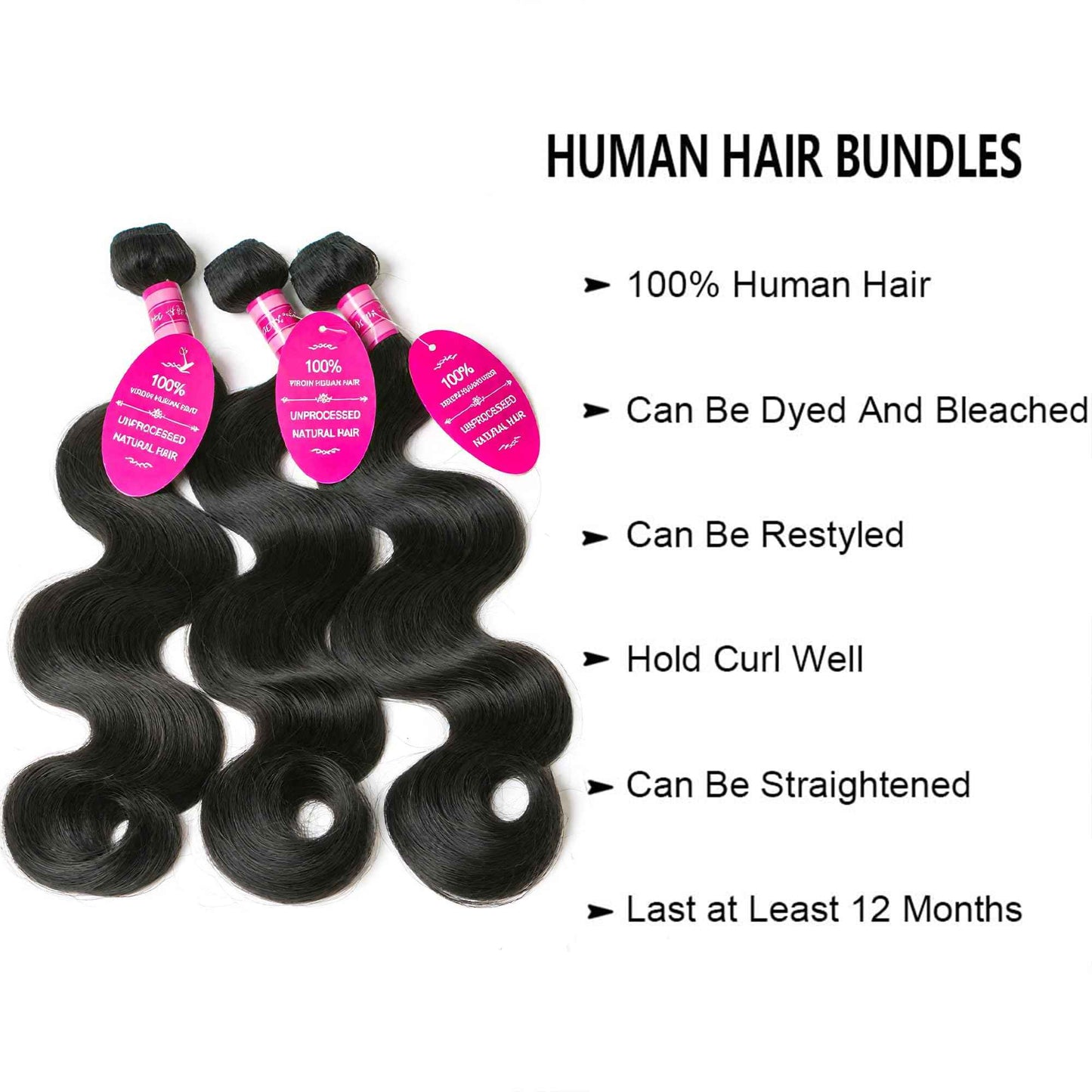 12A Human Hair Bundles 10 12 14 Inch Body Wave Bundles Human Hair 100% Unprocessed Brazilian Virgin Weave 3 Bundle Real Natural Black Wet and Wavy Human Hair Extensions 1B Color for Women