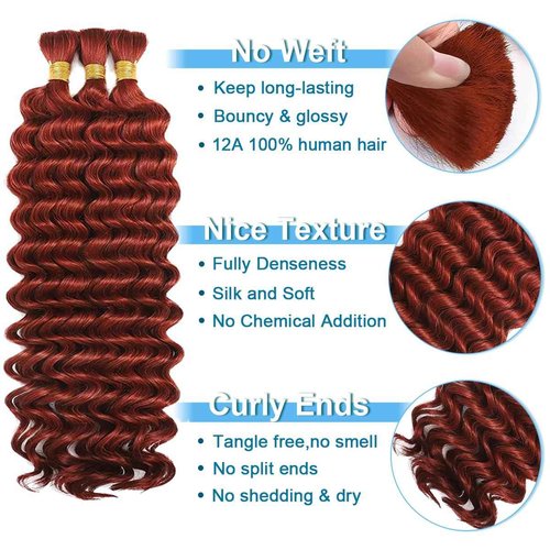 CIFENDIN Human Braiding Hair For Boho Braids 18 Inch 110g Deep Wave Bulk Human Hair for Braiding Knotless 12A 100% Brazilian Virgin Hair Extensions Bulk Bohemian 3 Bundles Color Copper