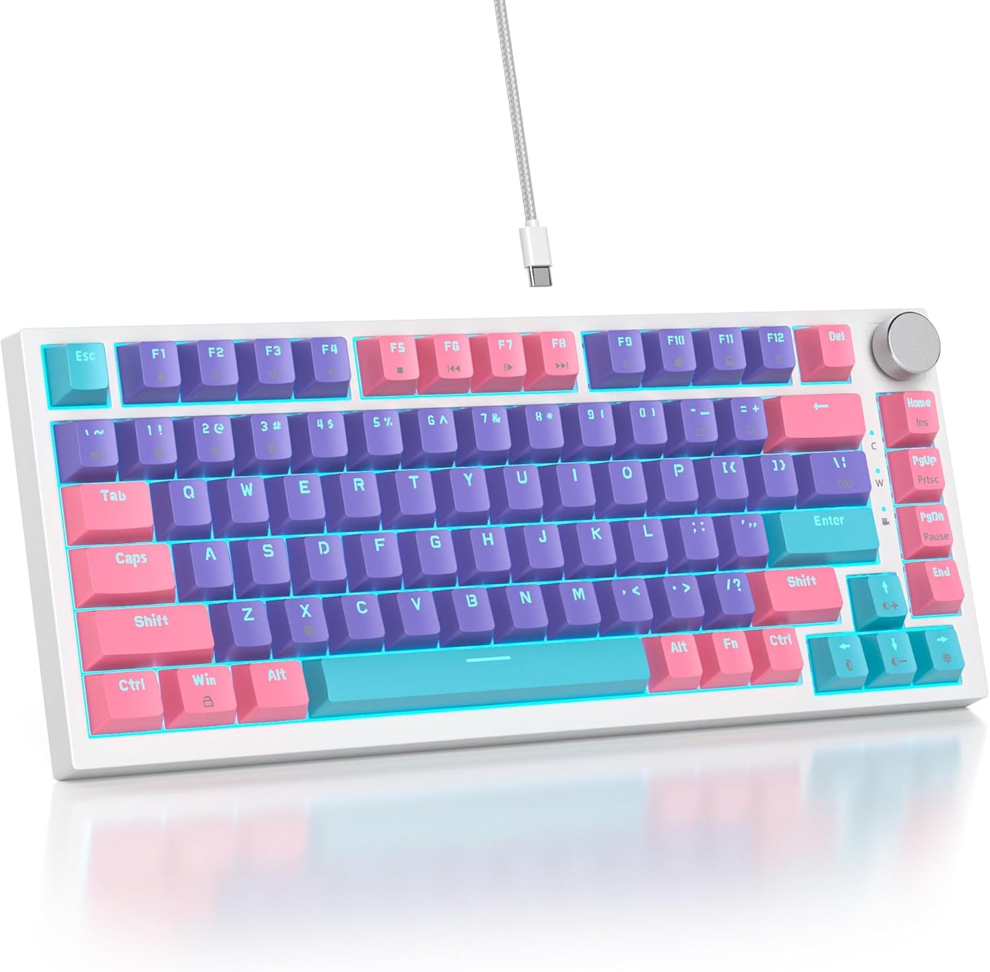 75% TKL Wired Mechanical Keyboard,RGB Backlit Gasket Mount 82 Key Hot Swappable Custom Linear Red Switch Gaming Keyboard with Volume Knob & PBT Keycaps (82 White Earth)