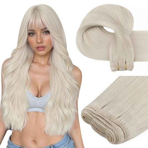 Easyouth 22 Inch Weft Hair Extensions Human Hair Blonde Sew in Hair Extensions Real Human Hair White Blonde Soft and Smooth Human Hair Extensions Sew in for Women 100G