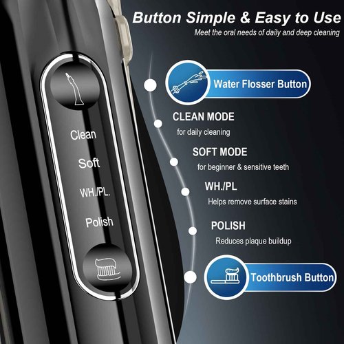 Toothbrush w Water Flosser Combo for Adults, 4-in-1 Rechargeable Toothbrushes Teeth Cleaner, 7 Modes Toothbrush & Water Flosser Portable IPX7 Waterproof Tooth flossing Cleaning for Home Travel