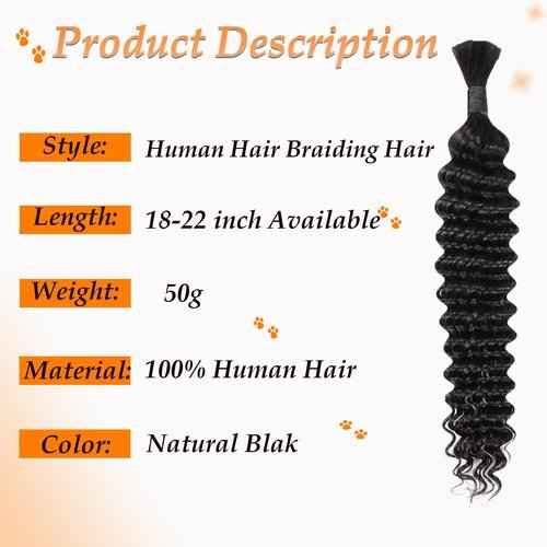 Bohemian Hair for Braiding Human Hair Bundles for Deep Wave Braiding Hair No Weft 1 pack 100g Human Hair Bulk for Braiding Hair Curly Boho Human Hair Natural Black（Deep Wave Human Hair 20inch）