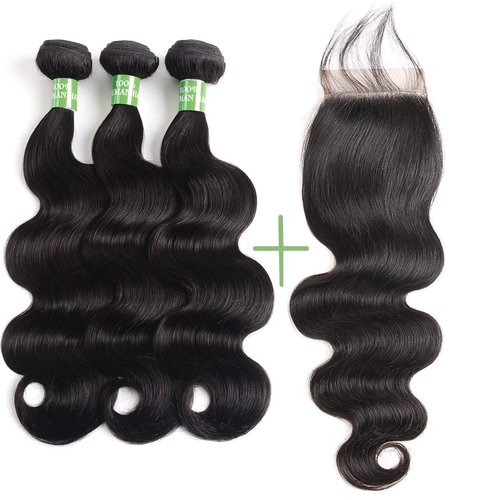 beauty youth Brazilian Hair Body Wave Human Hair Bundles With Closure(14 16 18 + 12) Body Wave Lace Closure with Bundles Unprocessed Body Wave Human Hair Extensions Weave with Closure Natural Color