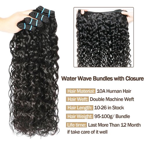 Beaushine Human Hair with Closure Water Wave Remy Virgin Hair 18 20 22+18inch, Wet and Wavy Curly Human Weave Bundles with Lace Closure 10A Brazilian Raw Quick Weave Bundles Natural Black Color