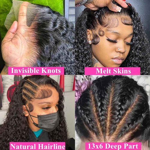 GCTGCT 32 Inch 13x6 Deep Wave Lace Front Wigs Human Hair Pre Plucked 13x6 HD Transparent Lace Frontal Wigs for Women Deep Curly Human Hair Lace Front Wigs with Baby Hair 180% Density Natural Black ﻿