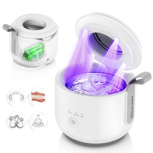 Guyyr Ultrasonic Retainer Cleaner Machine: 48kHz Rechargeable Cordless Denture Cleaner - Waterproof Ultrasonic Jewelry Cleaner - 200ML Dental Cleaning Pod for Mouth Guard, Aligner, White